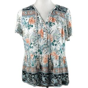 Davina Floral Peplum Peasant Relaxed Flutter Sleeve Top M Boho Hippie Vacation